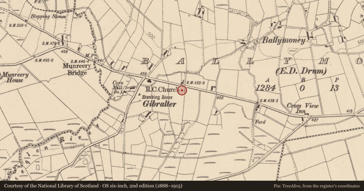 Ordnance Survey six-inch map, 2nd edition (1888–1915) covering the location of Church of St. Peter and St. Paul, Ballymoney, Causeway Coast and Glens, with a pin at the register's coordinates