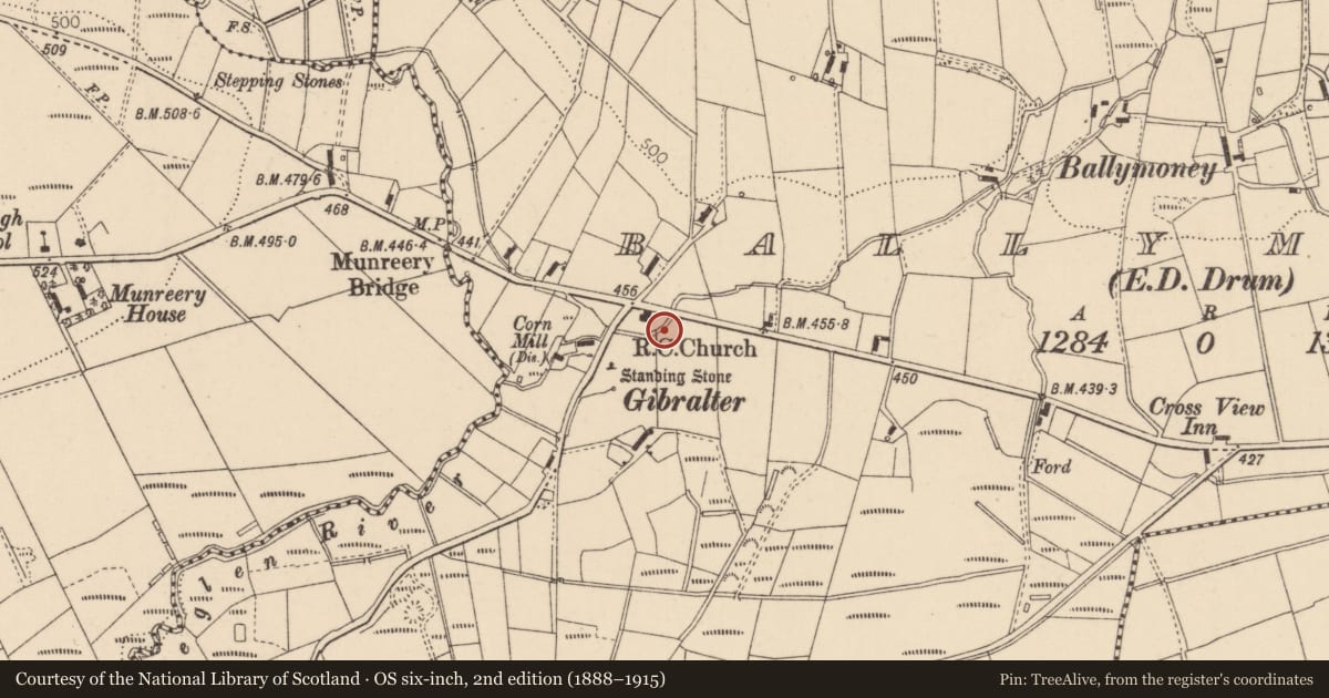 Ordnance Survey six-inch map, 2nd edition (1888–1915) covering the location of Old Graveyard, Ballymoney, Causeway Coast and Glens, with a pin at the register's coordinates