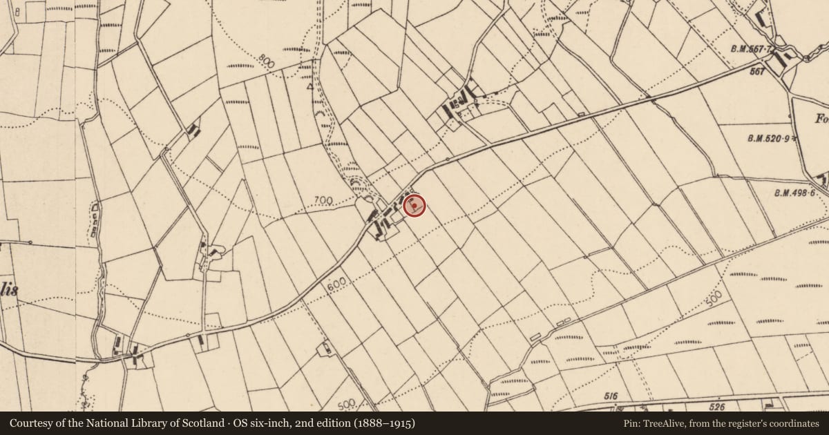 Ordnance Survey six-inch map, 2nd edition (1888–1915) covering the location of 121 Muldonagh Road, Causeway Coast and Glens, with a pin at the register's coordinates