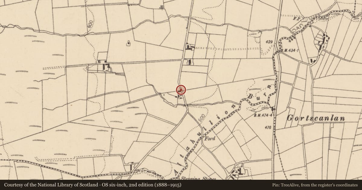 Ordnance Survey six-inch map, 2nd edition (1888–1915) covering the location of Bullaun, Glenconway, Causeway Coast and Glens, with a pin at the register's coordinates