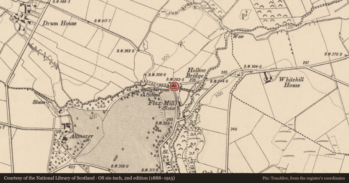 Ordnance Survey six-inch map, 2nd edition (1888–1915) covering the location of Mission Hall, Ballyharigan, Causeway Coast and Glens, with a pin at the register's coordinates
