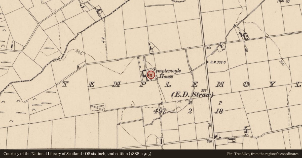 Ordnance Survey six-inch map, 2nd edition (1888–1915) covering the location of Templemoyle House, Causeway Coast and Glens, with a pin at the register's coordinates