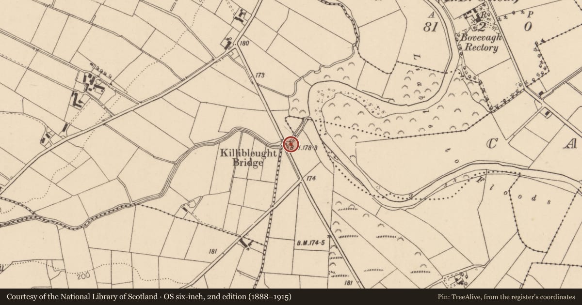 Ordnance Survey six-inch map, 2nd edition (1888–1915) covering the location of Killibleught Bridge, Causeway Coast and Glens, with a pin at the register's coordinates