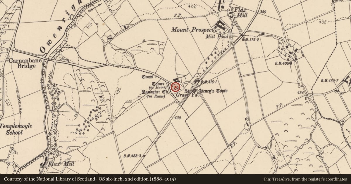 Ordnance Survey six-inch map, 2nd edition (1888–1915) covering the location of Banagher Old Church – Tower, Carnanbane, Causeway Coast and Glens, with a pin at the register's coordinates