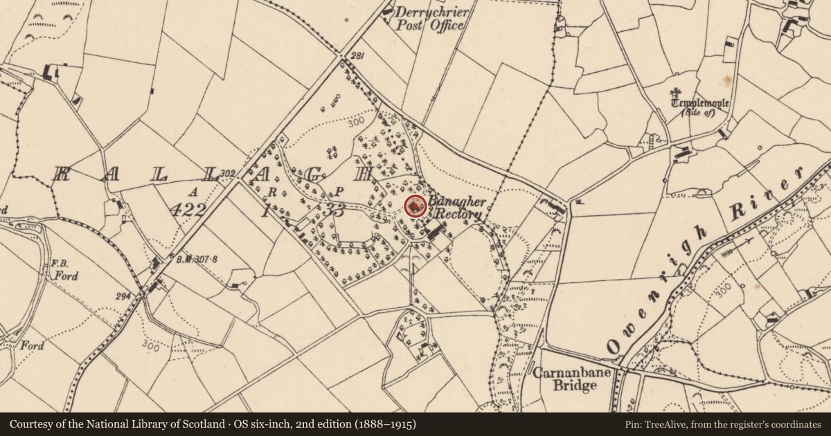Ordnance Survey six-inch map, 2nd edition (1888–1915) covering the location of The Old Rectory, Derrychier, Causeway Coast and Glens, with a pin at the register's coordinates