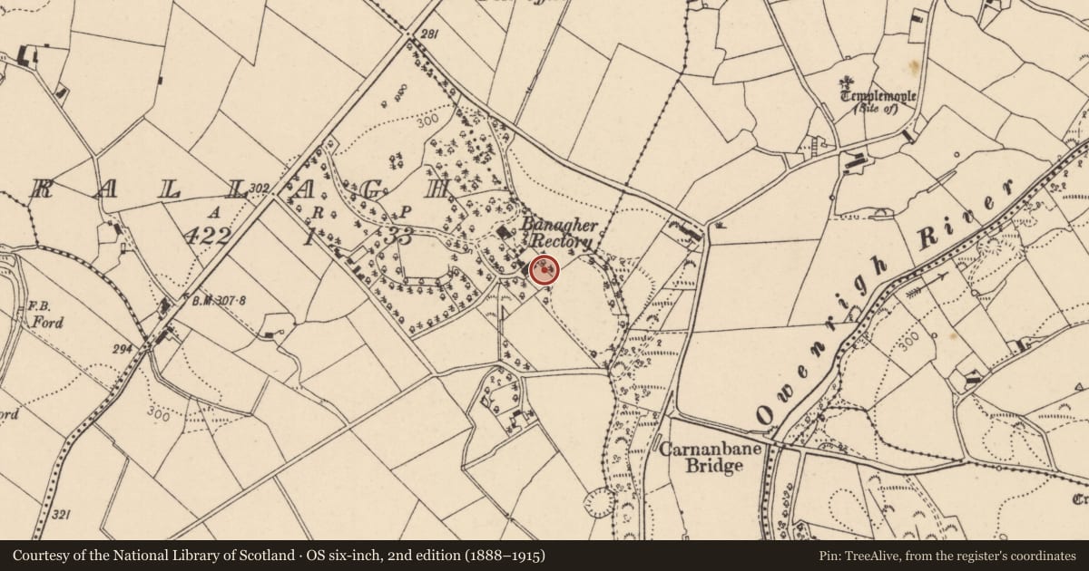 Ordnance Survey six-inch map, 2nd edition (1888–1915) covering the location of The Old Rectory – Outbuildings, Rallagh, Causeway Coast and Glens, with a pin at the register's coordinates