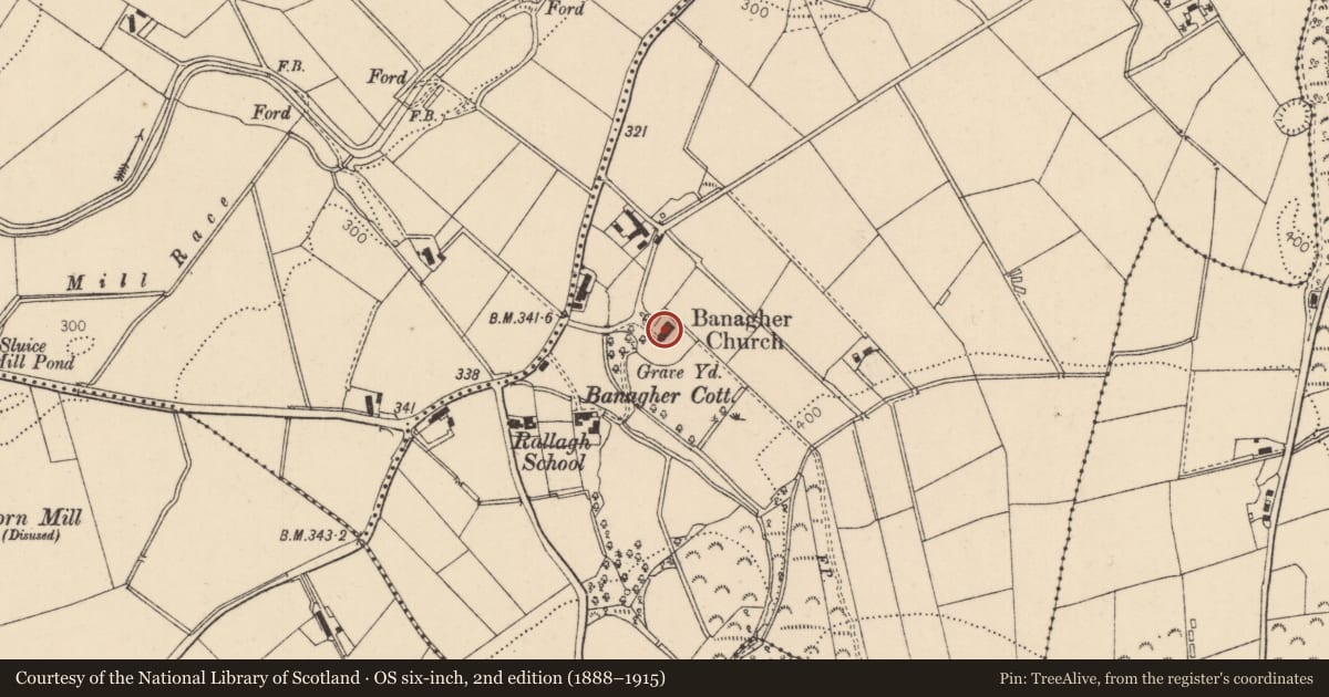 Ordnance Survey six-inch map, 2nd edition (1888–1915) covering the location of Banagher Church of Ireland, Rallagh, Causeway Coast and Glens, with a pin at the register's coordinates