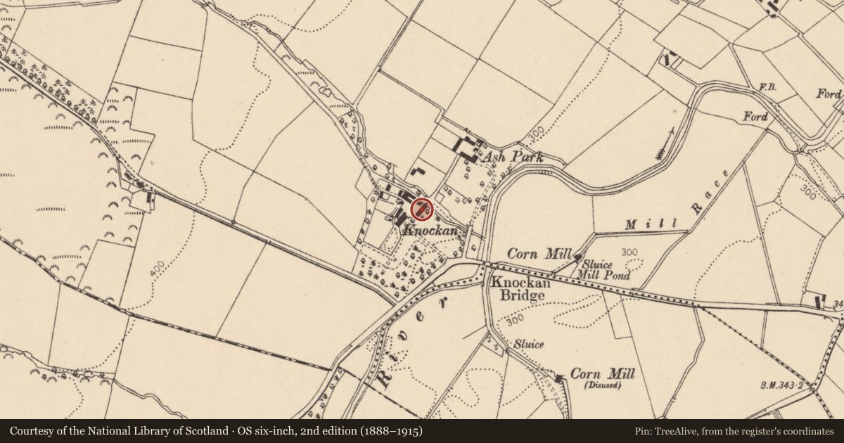 Ordnance Survey six-inch map, 2nd edition (1888–1915) covering the location of Outbuildings, Knockan, Causeway Coast and Glens, with a pin at the register's coordinates