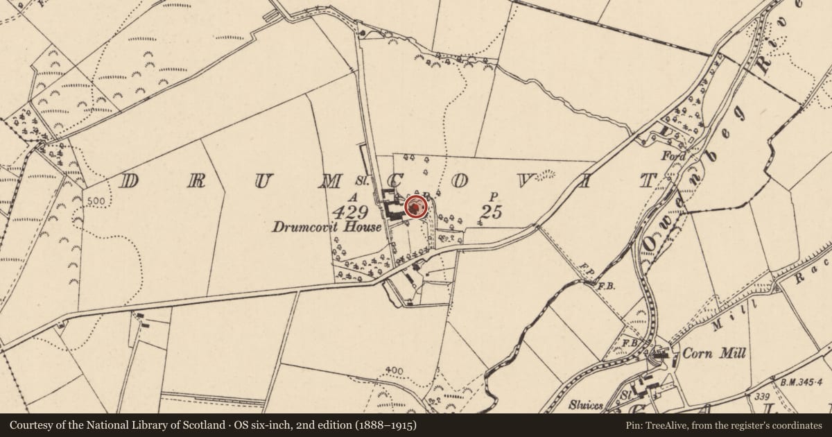 Ordnance Survey six-inch map, 2nd edition (1888–1915) covering the location of Drumcovit House, Causeway Coast and Glens, with a pin at the register's coordinates