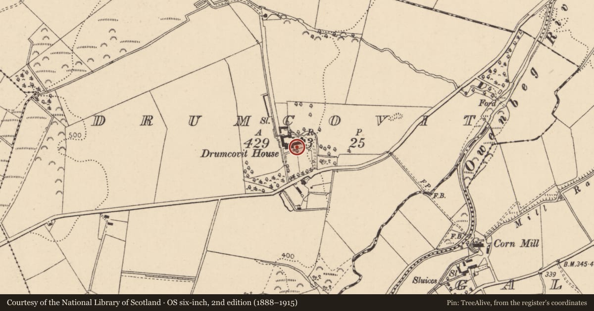 Ordnance Survey six-inch map, 2nd edition (1888–1915) covering the location of Outbuildings, Drumcovit, Causeway Coast and Glens, with a pin at the register's coordinates