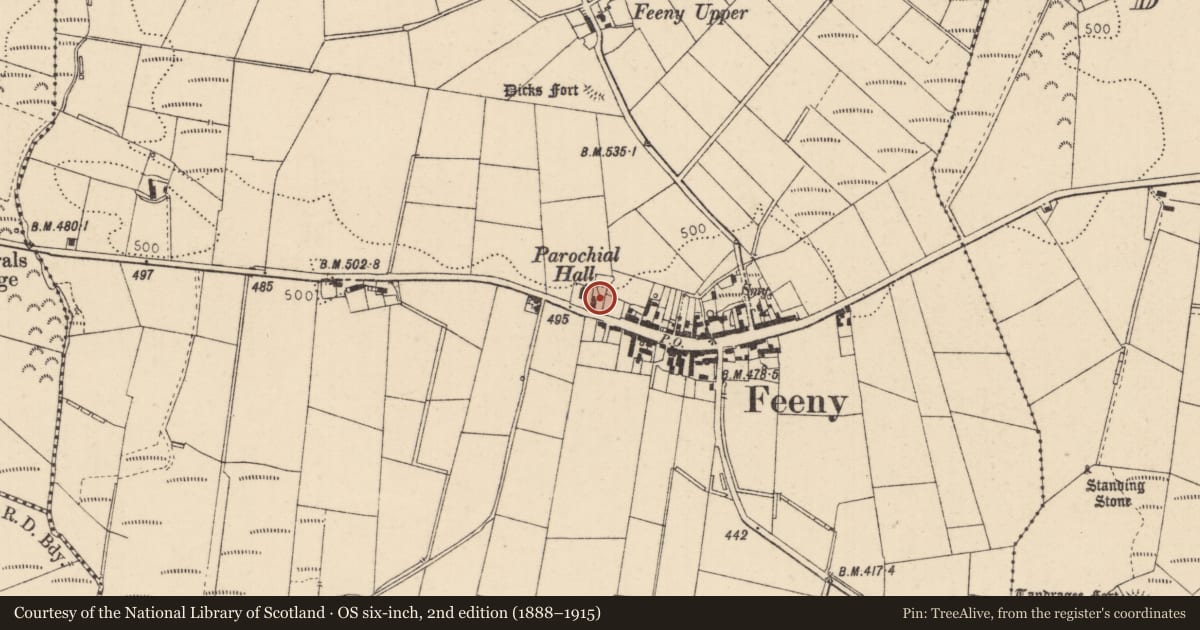 Ordnance Survey six-inch map, 2nd edition (1888–1915) covering the location of Parochial Hall, Feeny, Causeway Coast and Glens, with a pin at the register's coordinates