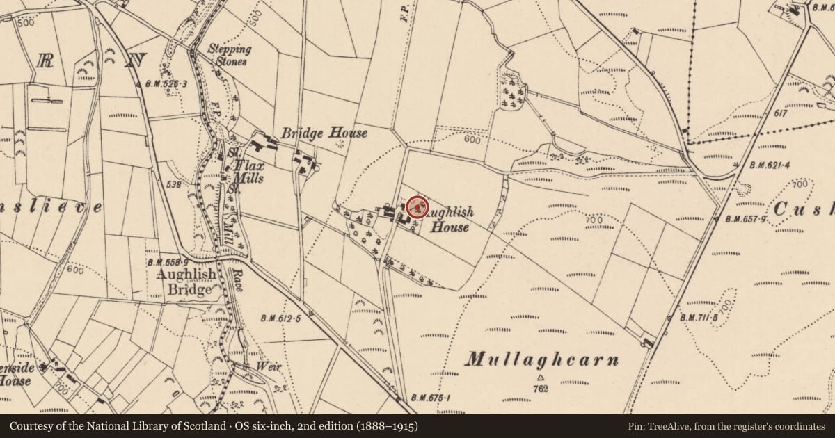 Ordnance Survey six-inch map, 2nd edition (1888–1915) covering the location of Aughlish House, Causeway Coast and Glens, with a pin at the register's coordinates