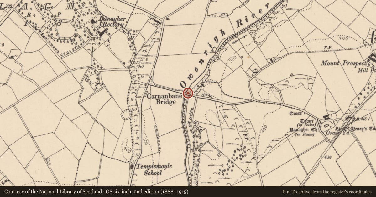 Ordnance Survey six-inch map, 2nd edition (1888–1915) covering the location of Carnanbane Bridge, Templemoyle, Causeway Coast and Glens, with a pin at the register's coordinates