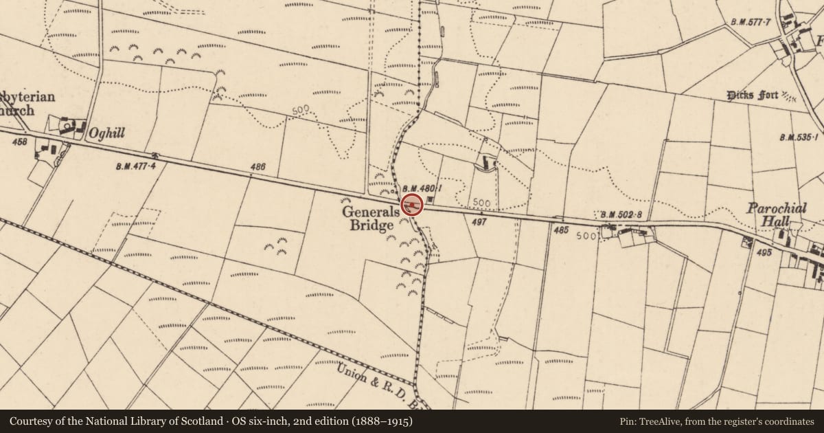 Ordnance Survey six-inch map, 2nd edition (1888–1915) covering the location of General’s Bridge, Feeny, Causeway Coast and Glens, with a pin at the register's coordinates
