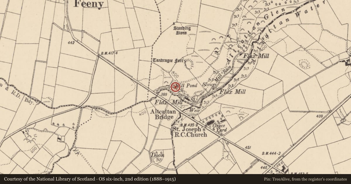 Ordnance Survey six-inch map, 2nd edition (1888–1915) covering the location of Former Flax Mill, Drumcovit, Causeway Coast and Glens, with a pin at the register's coordinates