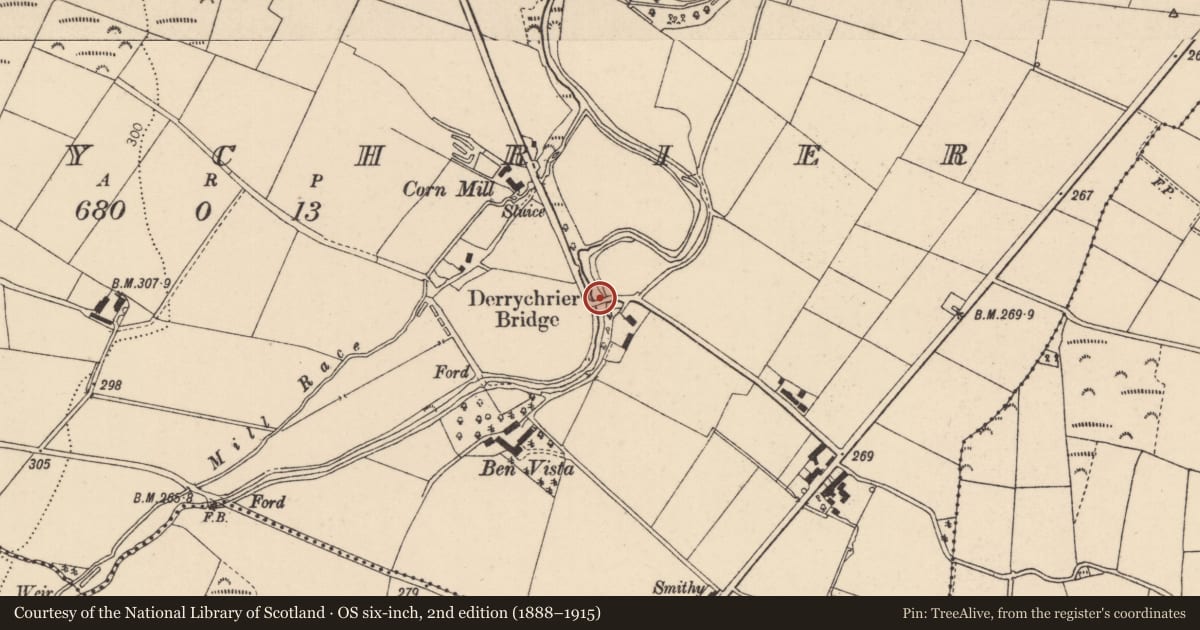 Ordnance Survey six-inch map, 2nd edition (1888–1915) covering the location of Derrychier Bridge, Causeway Coast and Glens, with a pin at the register's coordinates