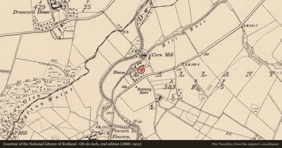 Ordnance Survey six-inch map, 2nd edition (1888–1915) covering the location of Poston’s Mill, Gallany, Causeway Coast and Glens, with a pin at the register's coordinates
