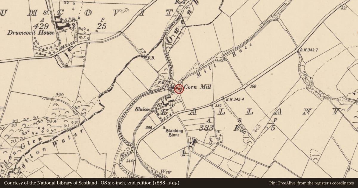 Ordnance Survey six-inch map, 2nd edition (1888–1915) covering the location of Poston’s Mill, Gallany, Causeway Coast and Glens, with a pin at the register's coordinates