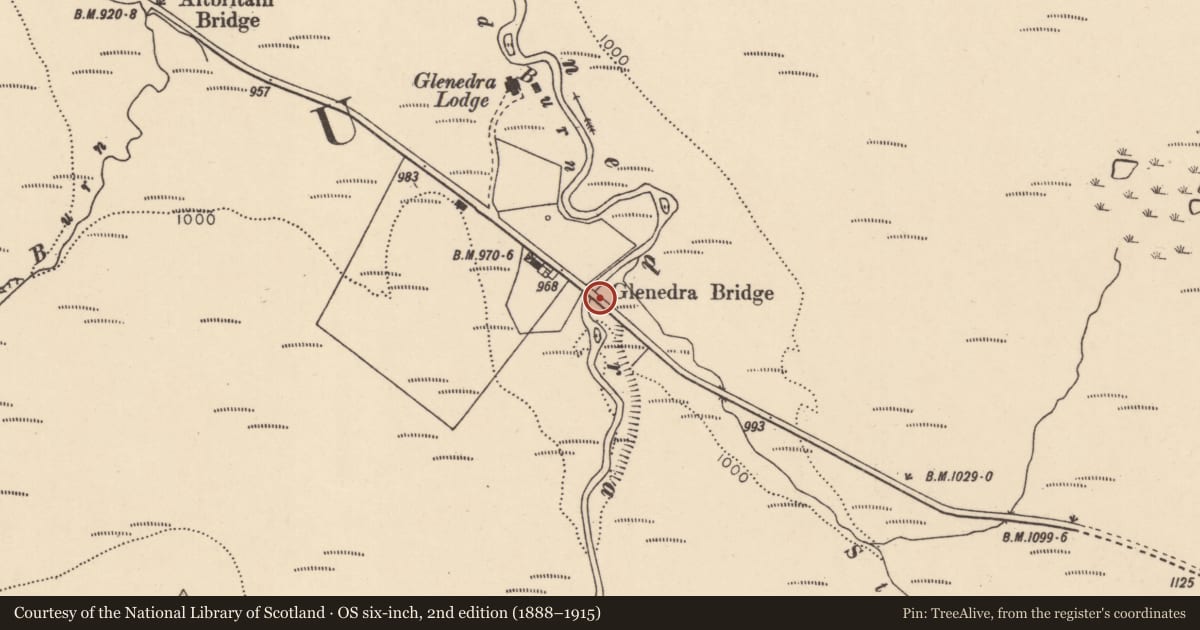 Ordnance Survey six-inch map, 2nd edition (1888–1915) covering the location of Glenedra Bridge, Causeway Coast and Glens, with a pin at the register's coordinates