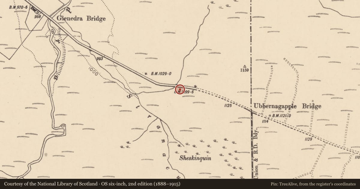 Ordnance Survey six-inch map, 2nd edition (1888–1915) covering the location of Ubbernagapple Bridge, Glenedra, Causeway Coast and Glens, with a pin at the register's coordinates