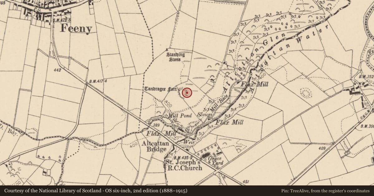 Ordnance Survey six-inch map, 2nd edition (1888–1915) covering the location of Tandragee Fort, Drumcovit, Causeway Coast and Glens, with a pin at the register's coordinates