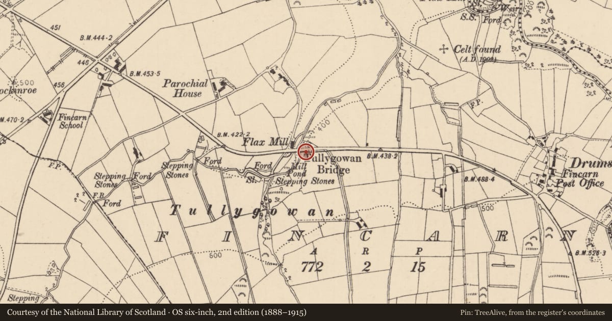 Ordnance Survey six-inch map, 2nd edition (1888–1915) covering the location of Tullygowan Bridge, Fincarn, Causeway Coast and Glens, with a pin at the register's coordinates