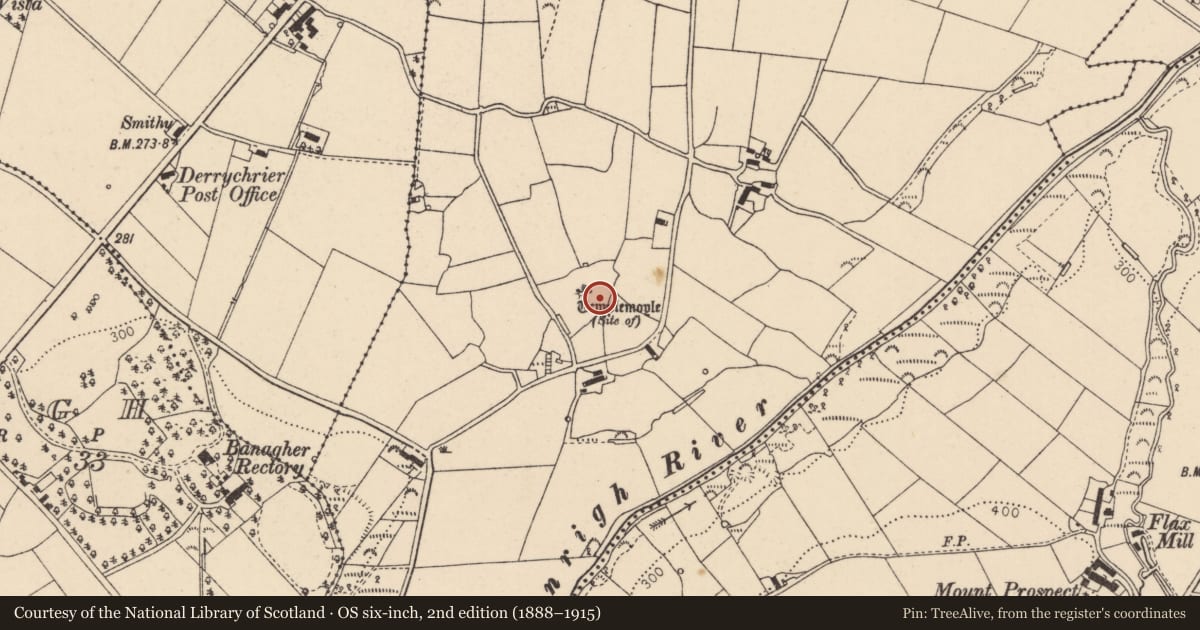 Ordnance Survey six-inch map, 2nd edition (1888–1915) covering the location of Templemoyle Old Church site, Causeway Coast and Glens, with a pin at the register's coordinates