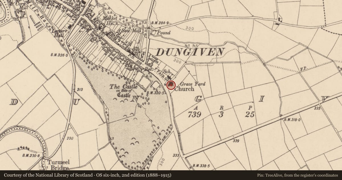 Ordnance Survey six-inch map, 2nd edition (1888–1915) covering the location of Vacant Cottage, Rallagh, Causeway Coast and Glens, with a pin at the register's coordinates