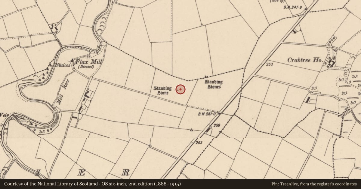 Ordnance Survey six-inch map, 2nd edition (1888–1915) covering the location of Standing Stones, Derrychier, Causeway Coast and Glens, with a pin at the register's coordinates