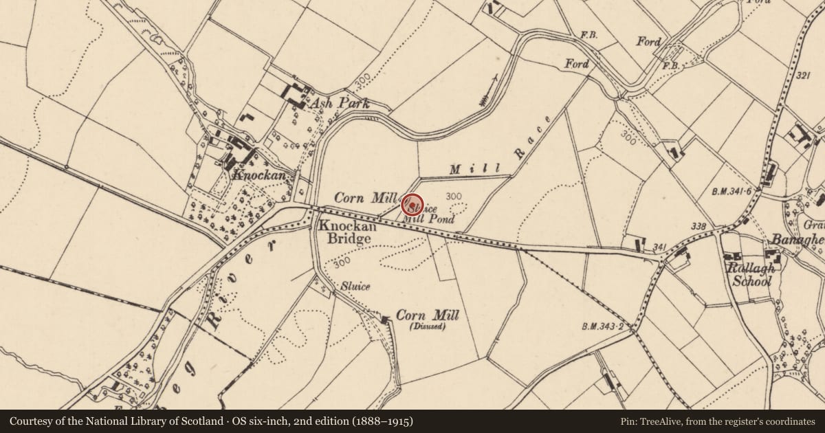 Ordnance Survey six-inch map, 2nd edition (1888–1915) covering the location of Former Flax Mill, Knockan, Causeway Coast and Glens, with a pin at the register's coordinates