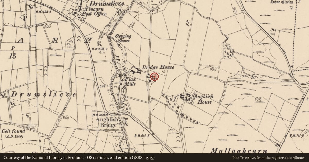 Ordnance Survey six-inch map, 2nd edition (1888–1915) covering the location of Water pump, Aughlish, Causeway Coast and Glens, with a pin at the register's coordinates