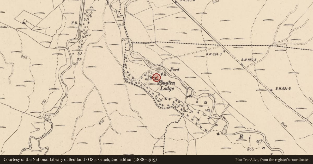 Ordnance Survey six-inch map, 2nd edition (1888–1915) covering the location of Finglen Lodge, Causeway Coast and Glens, with a pin at the register's coordinates