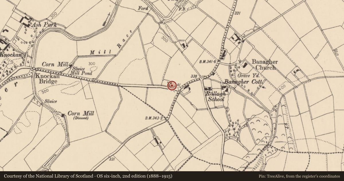Ordnance Survey six-inch map, 2nd edition (1888–1915) covering the location of Vacant Cottage, Knockan, Causeway Coast and Glens, with a pin at the register's coordinates