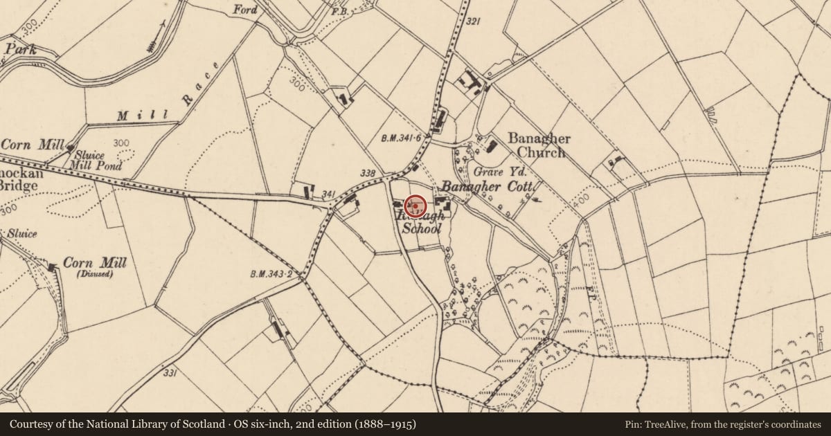 Ordnance Survey six-inch map, 2nd edition (1888–1915) covering the location of Former Teacher’s House, Rallagh, Causeway Coast and Glens, with a pin at the register's coordinates