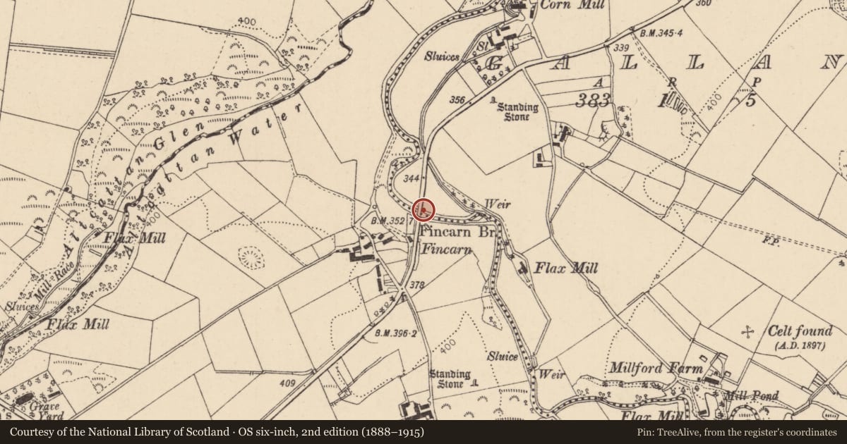 Ordnance Survey six-inch map, 2nd edition (1888–1915) covering the location of Fincarn Bridge, Causeway Coast and Glens, with a pin at the register's coordinates