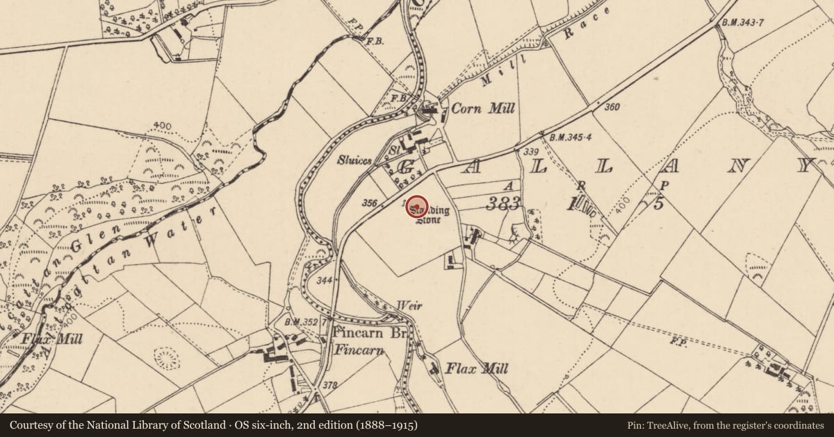 Ordnance Survey six-inch map, 2nd edition (1888–1915) covering the location of Standing Stone, Gallany, Causeway Coast and Glens, with a pin at the register's coordinates