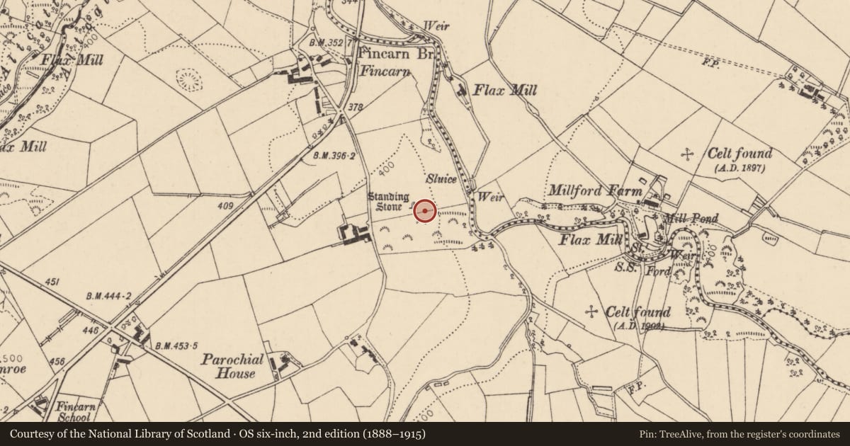 Ordnance Survey six-inch map, 2nd edition (1888–1915) covering the location of Standing Stone, Fincarn, Causeway Coast and Glens, with a pin at the register's coordinates