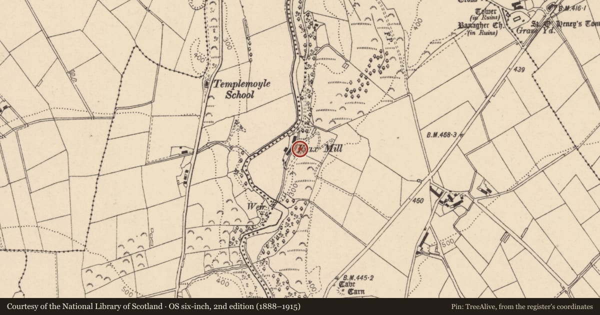 Ordnance Survey six-inch map, 2nd edition (1888–1915) covering the location of Former Flax Mill, Carnanbane, Causeway Coast and Glens, with a pin at the register's coordinates