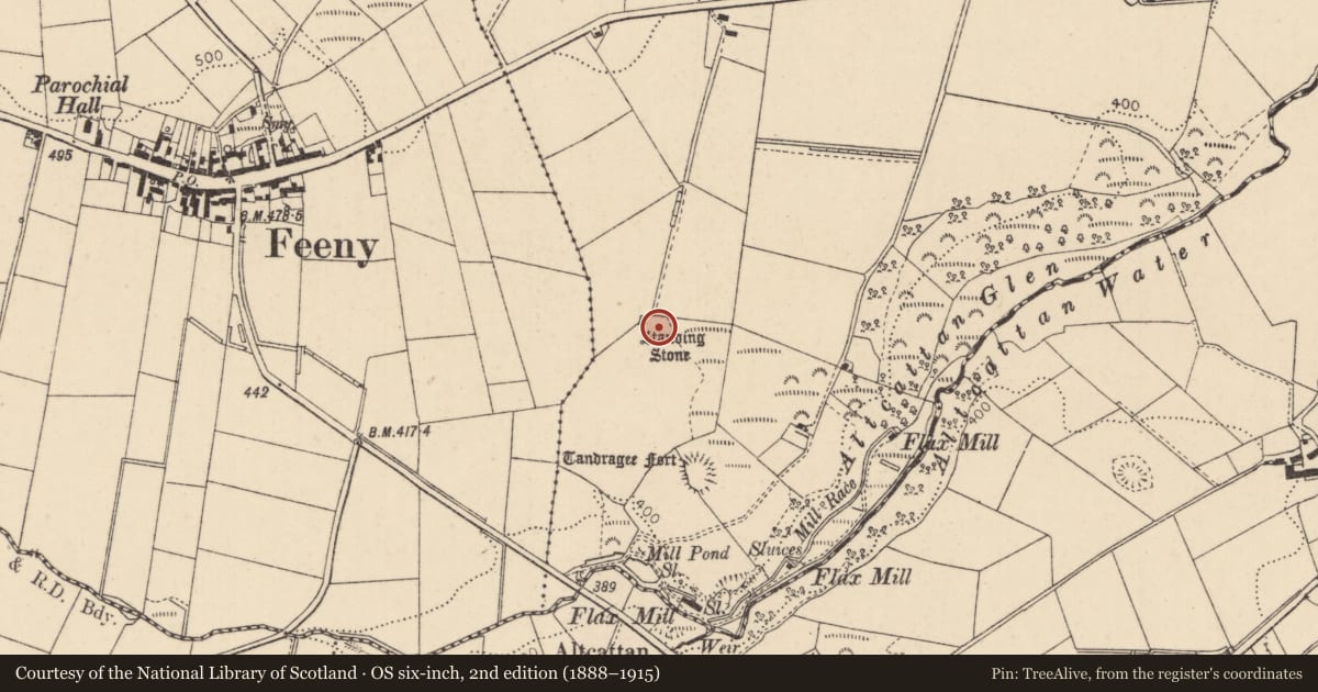 Ordnance Survey six-inch map, 2nd edition (1888–1915) covering the location of Standing Stone, Drumcovit, Causeway Coast and Glens, with a pin at the register's coordinates