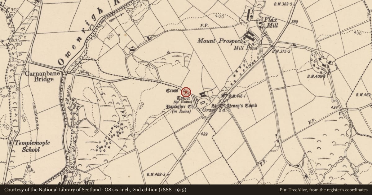 Ordnance Survey six-inch map, 2nd edition (1888–1915) covering the location of Stone Cross, Carnanbane, Causeway Coast and Glens, with a pin at the register's coordinates