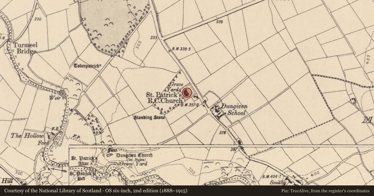 Ordnance Survey six-inch map, 2nd edition (1888–1915) covering the location of St Patrick’s R.C. Church, Dungiven, Causeway Coast and Glens, with a pin at the register's coordinates