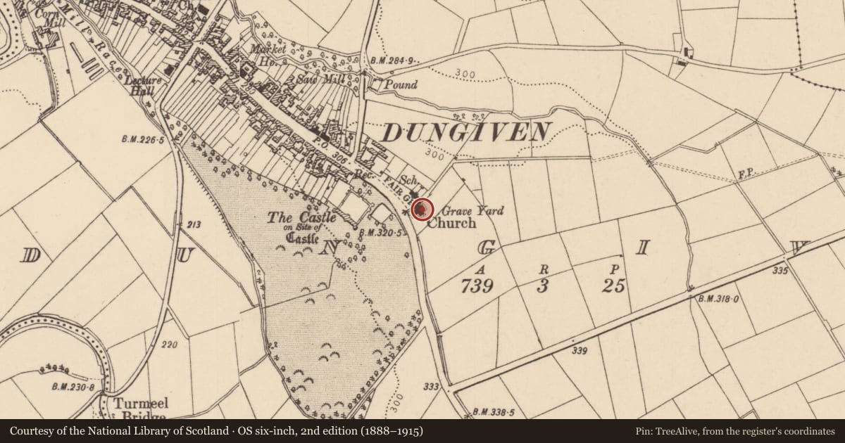 Ordnance Survey six-inch map, 2nd edition (1888–1915) covering the location of C of I Church, Dungiven, Causeway Coast and Glens, with a pin at the register's coordinates