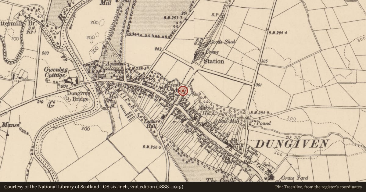 Ordnance Survey six-inch map, 2nd edition (1888–1915) covering the location of Presbyterian Church, Dungiven, Causeway Coast and Glens, with a pin at the register's coordinates