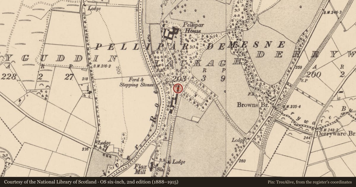 Ordnance Survey six-inch map, 2nd edition (1888–1915) covering the location of Outbuildings, Lackagh, Causeway Coast and Glens, with a pin at the register's coordinates
