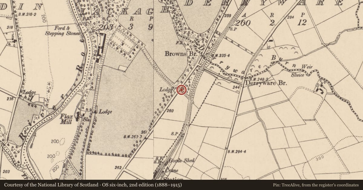 Ordnance Survey six-inch map, 2nd edition (1888–1915) covering the location of Gate Lodge, Lackagh, Causeway Coast and Glens, with a pin at the register's coordinates