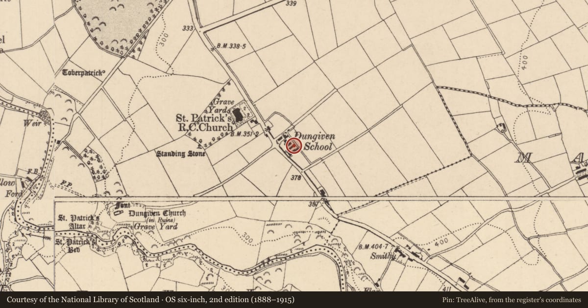 Ordnance Survey six-inch map, 2nd edition (1888–1915) covering the location of Dungiven High School, Causeway Coast and Glens, with a pin at the register's coordinates