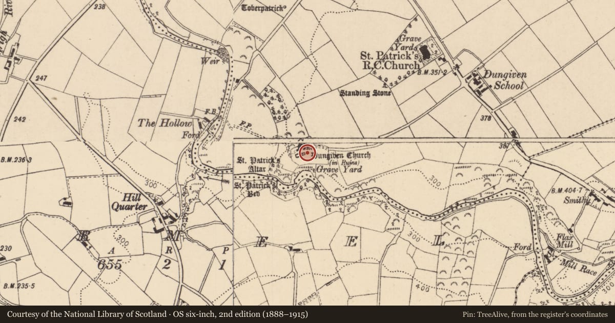 Ordnance Survey six-inch map, 2nd edition (1888–1915) covering the location of Priory Plantation House ( Remains of), Dungiven, Causeway Coast and Glens, with a pin at the register's coordinates