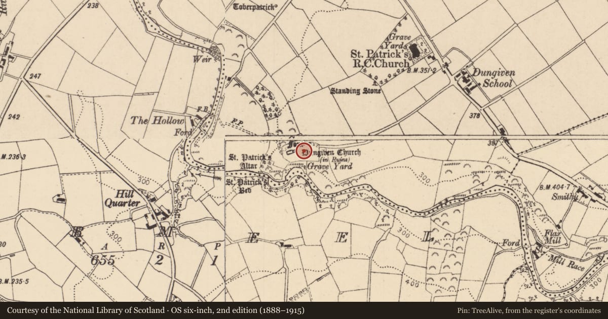Ordnance Survey six-inch map, 2nd edition (1888–1915) covering the location of Cooey na Gall Monument, Dungiven, Causeway Coast and Glens, with a pin at the register's coordinates