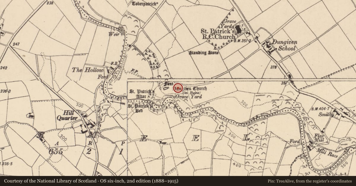Ordnance Survey six-inch map, 2nd edition (1888–1915) covering the location of Graveyard, Dungiven, Causeway Coast and Glens, with a pin at the register's coordinates
