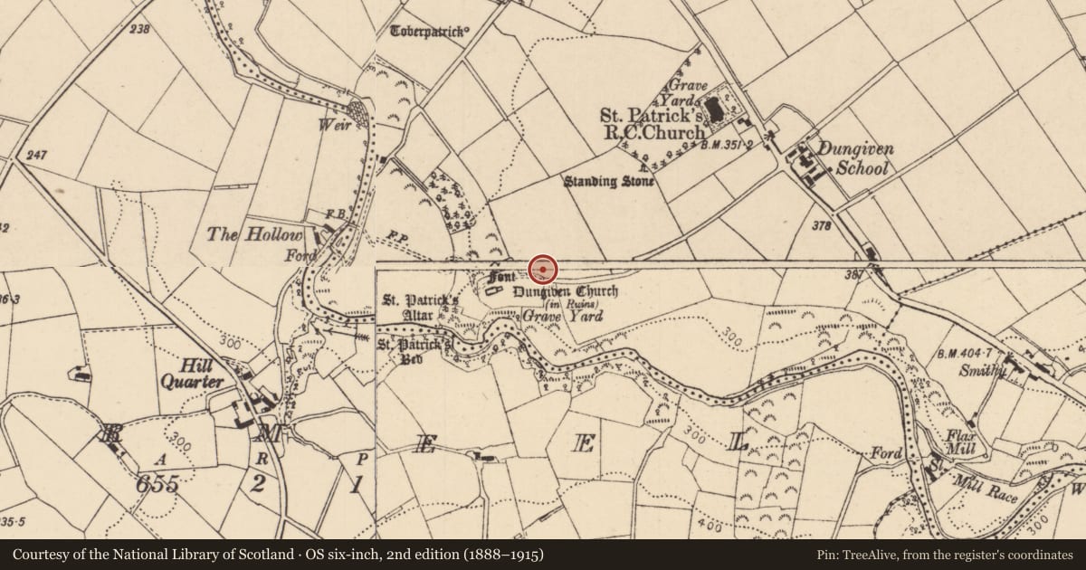 Ordnance Survey six-inch map, 2nd edition (1888–1915) covering the location of Ballaun/Font, Dungiven, Causeway Coast and Glens, with a pin at the register's coordinates